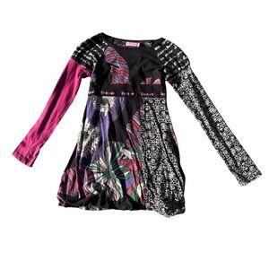 Desigual Y2K Boho Long Sleeve Tunic Top Bubble Hem Patchwork Pink XXS